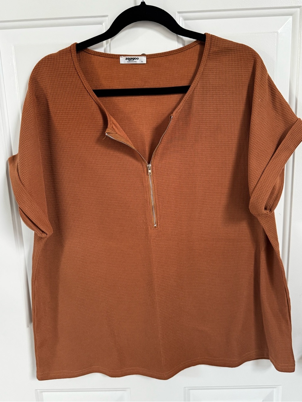 zeagoo Rust Short Sleeve Waffle Knit Top with Zip Neck